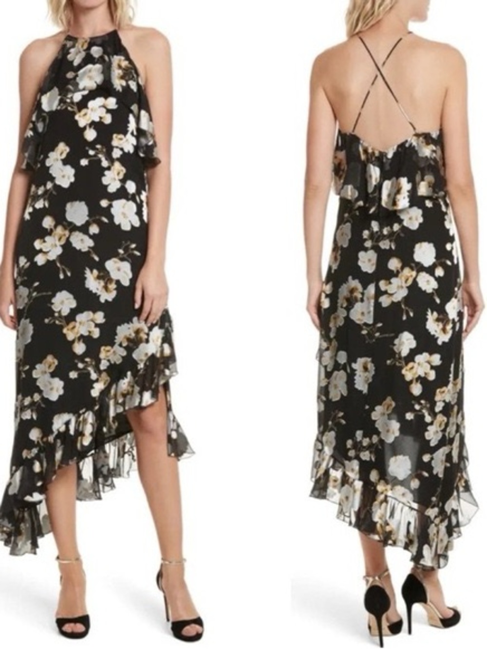 Alice + Olivia Silk Blend Asymmetrical Midi Dress 🌸 Black Floral Size M